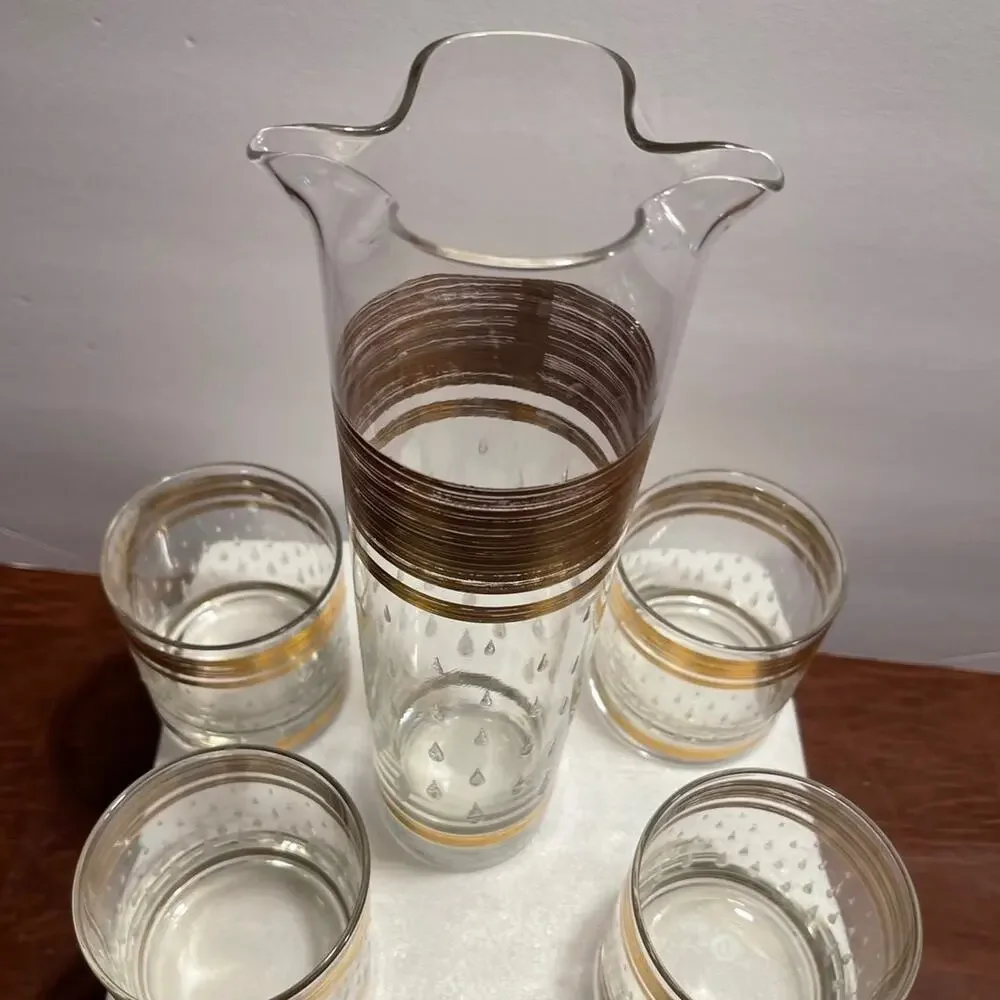 Vtg Cera Glass DewDrop 22kt pitcher + lowball glasses x4 RARE FIND cocktail set